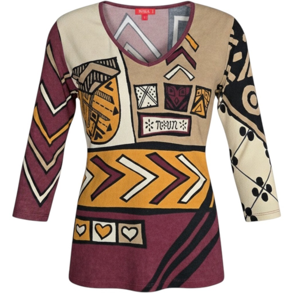 Vtg Noun Paris Y2K Euro Graphic 3/4 Sleeve V Neck Ribbed Top Sz Large
